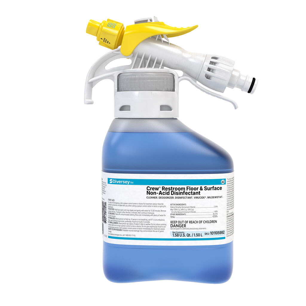 Crew® Restroom Floor & Surface Non-Acid Disinfectant Cleaner, 1.5L, 2/CT - CLEANER. DEODORIZER. DISINFECTANT. *VIRUCIDE. MILDEWSTAT.